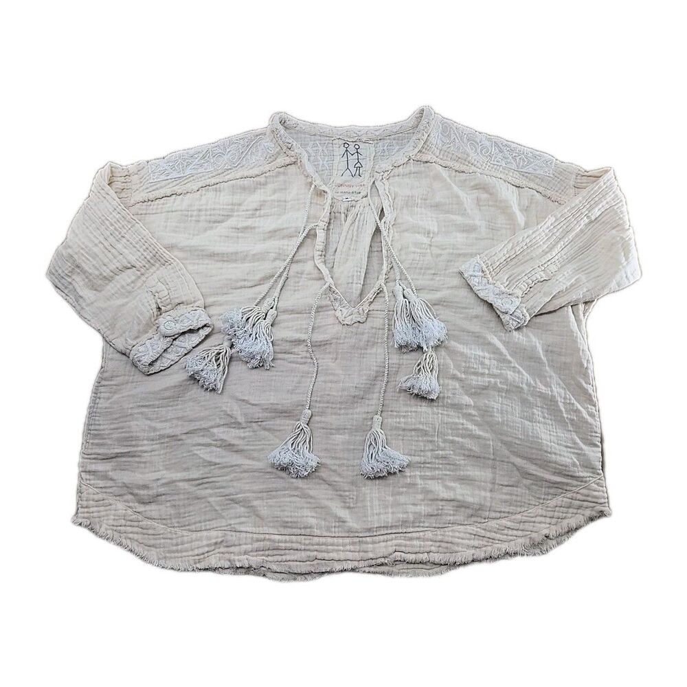 Johnny Was Peasant Blouse Women's M Embroidered Gauze Beige Cream *Stain